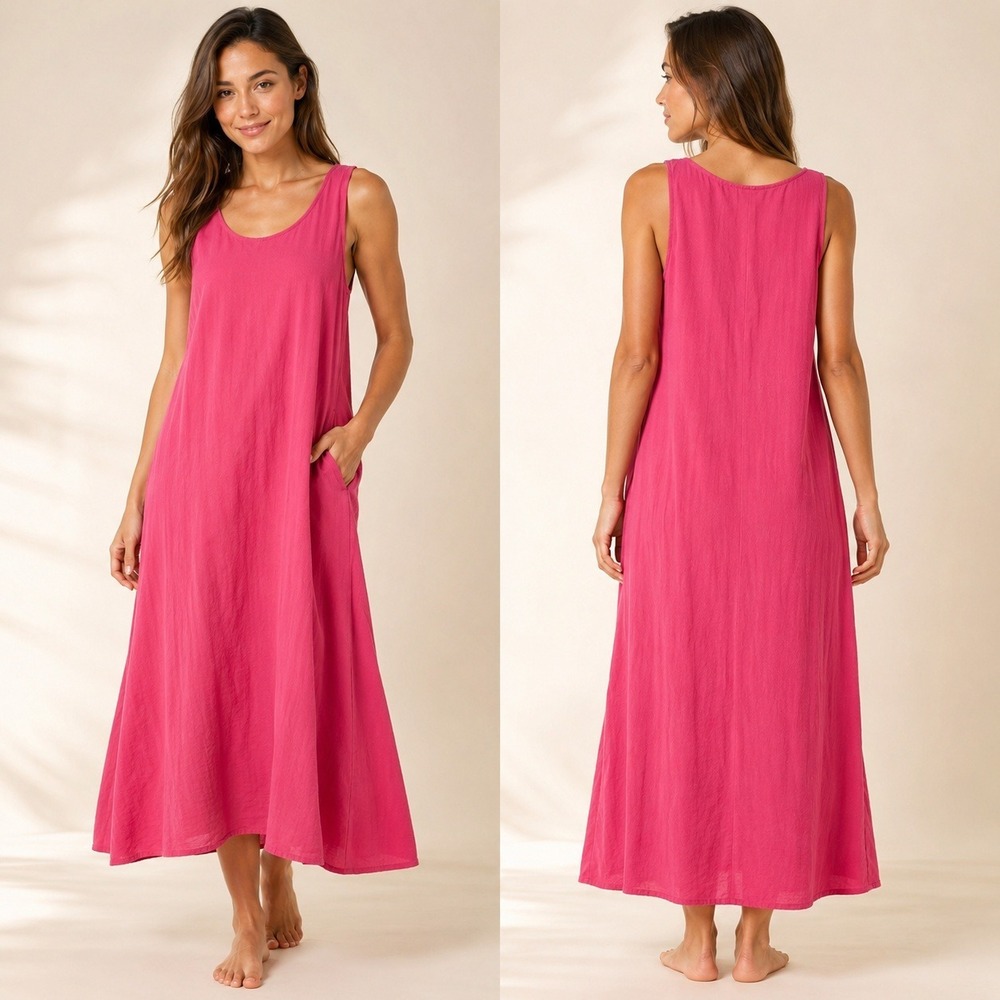Coastal Chic Hot Pink Linen Sleeveless Pintuck Midi/Maxi Dress Bohemian Summer